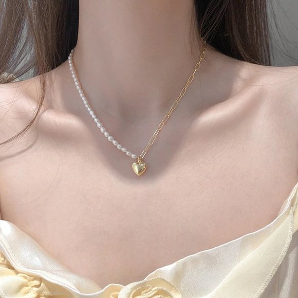 NEW Yellow Gold Pearl Heart Link Chain Necklace - Picture 4 of 8